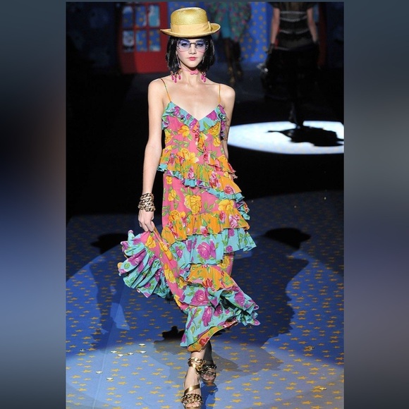 Betsey Johnson Dresses & Skirts - Betsey Johnson NWT Rare Vintage Silk Pink Yellow Roses Tiered Ruffle Maxi Dress